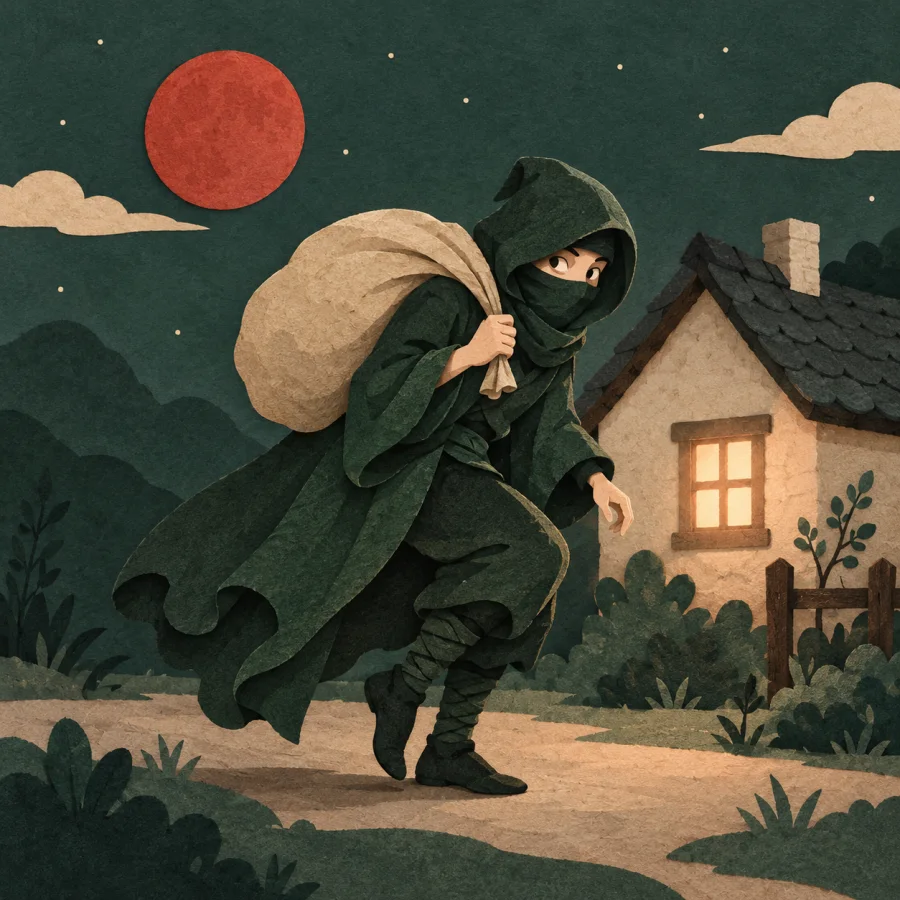 A cloaked figure with a sack sneaks beside a cottage at night