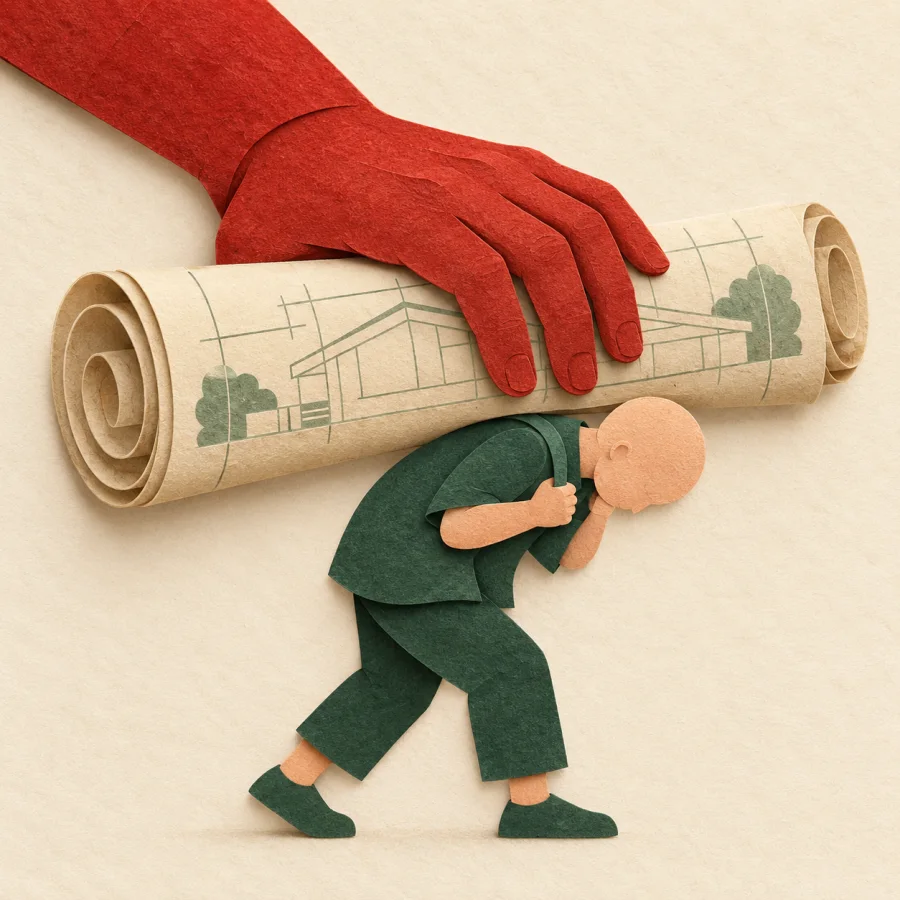 A large hand presses a scroll of plans onto a small figure