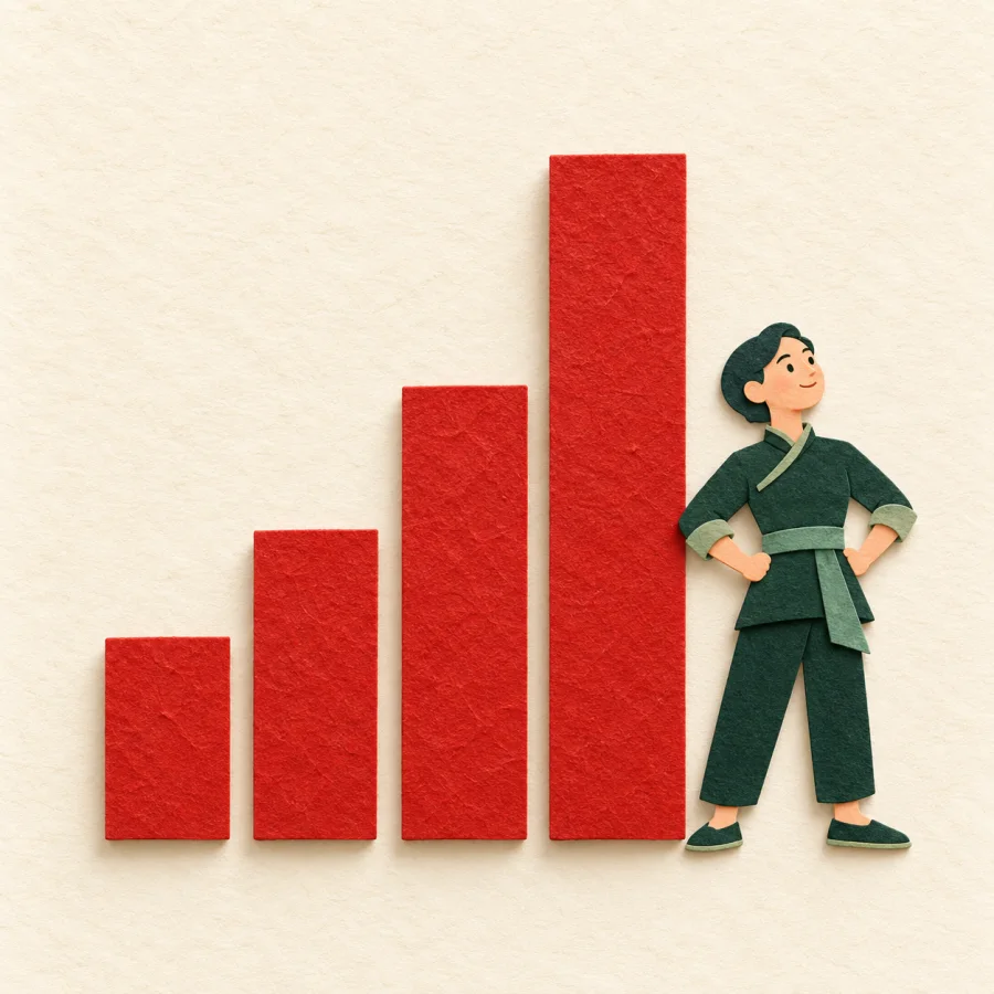 Rising growth chart with upward arrows on a desk