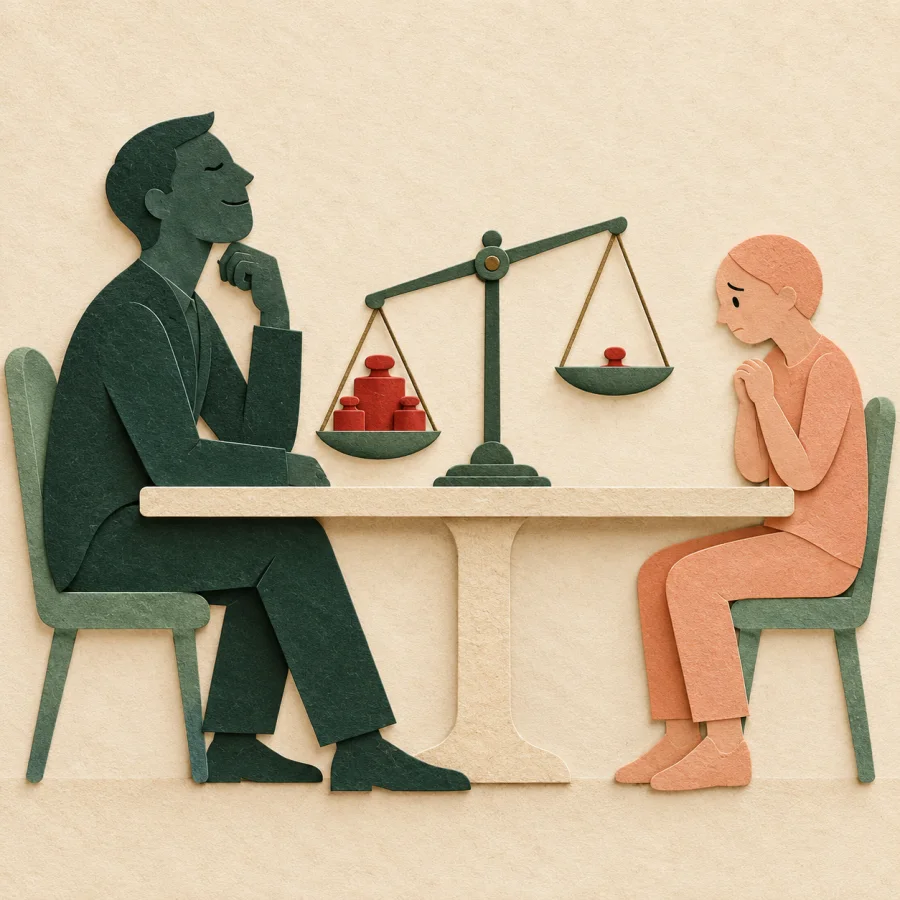 A large figure towers over a smaller one at a negotiation table