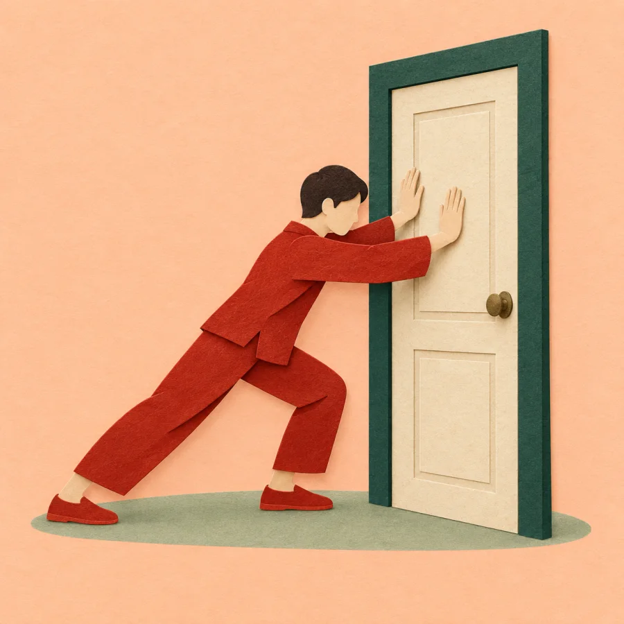 A figure forcing open a stuck door with both hands