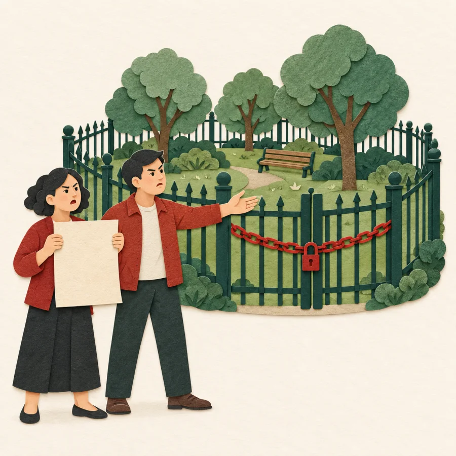 People standing by a fence around a green park