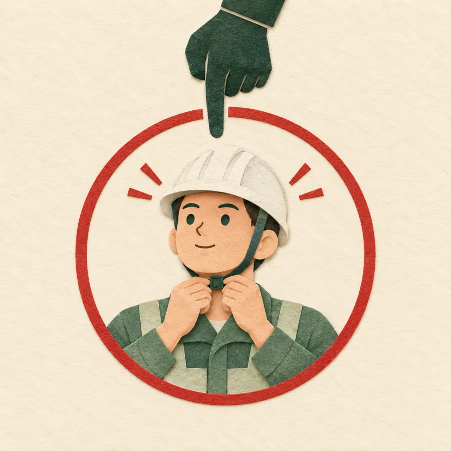 A commanding hand points as a worker fastens a helmet