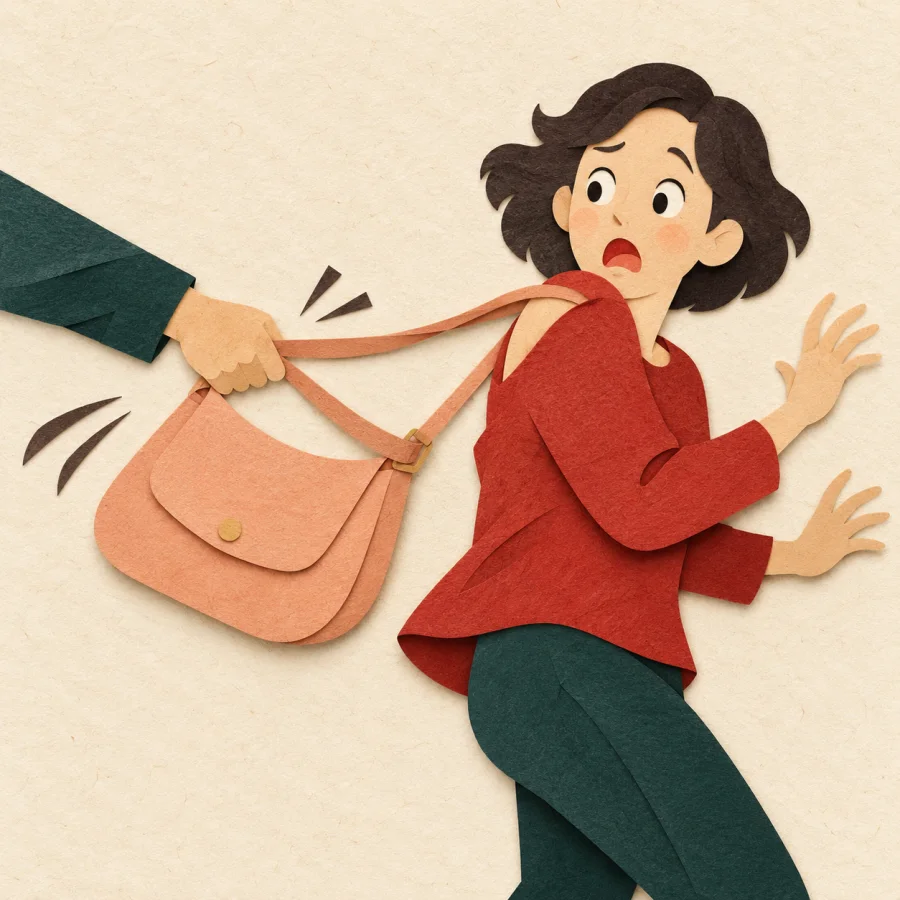 A hand snatching a bag from a startled person's shoulder
