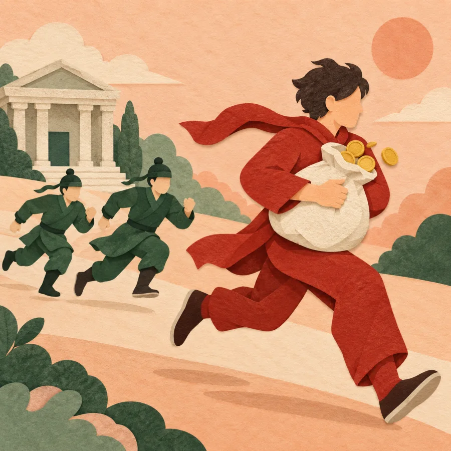 A person runs from a bank with a money sack, two pursuers behind