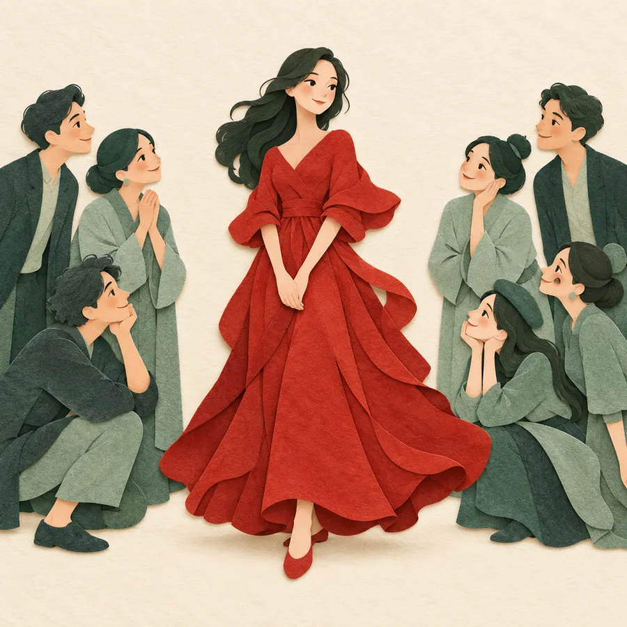 A person in a red dress stands out as a crowd turns to look