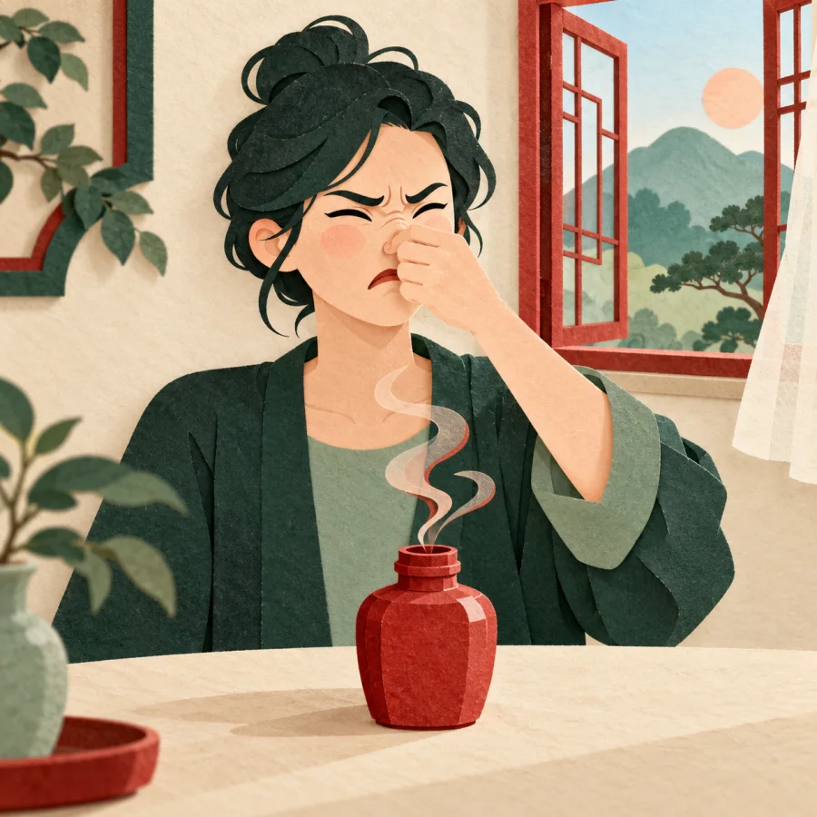 A person pinches their nose beside an open pungent bottle