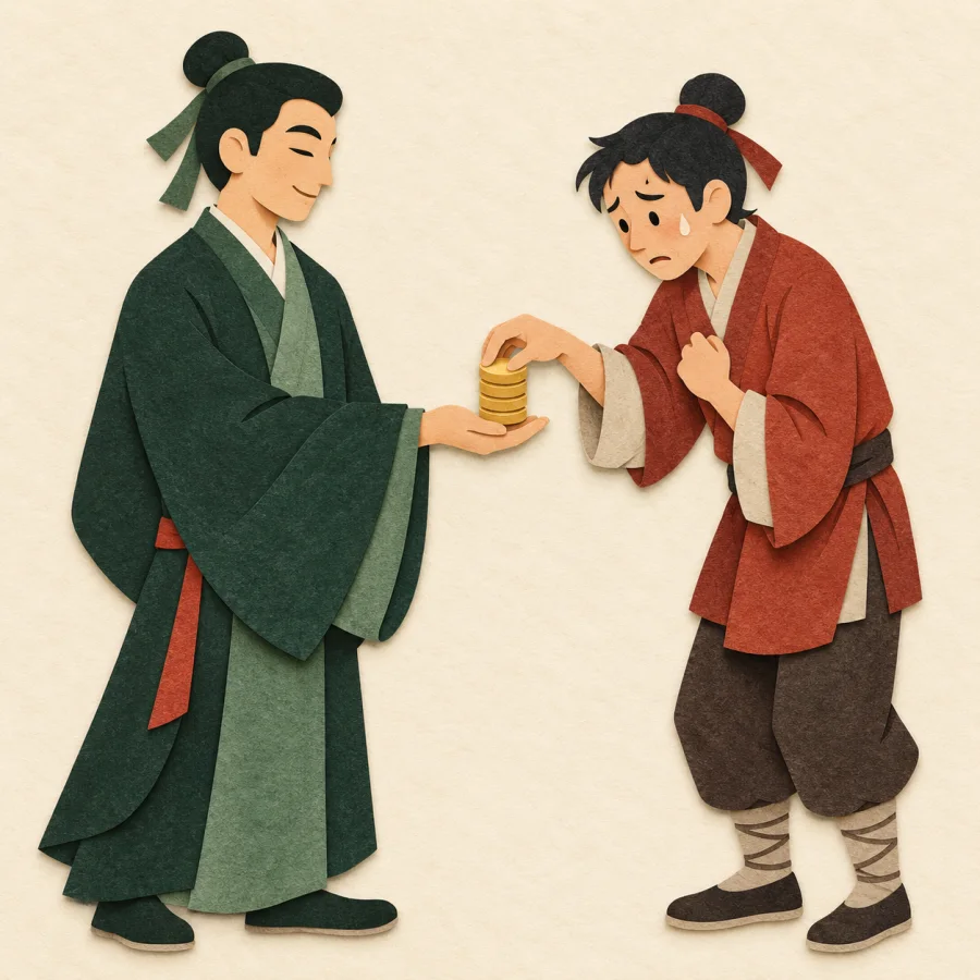 One person holds out an open palm while the other hands over coins
