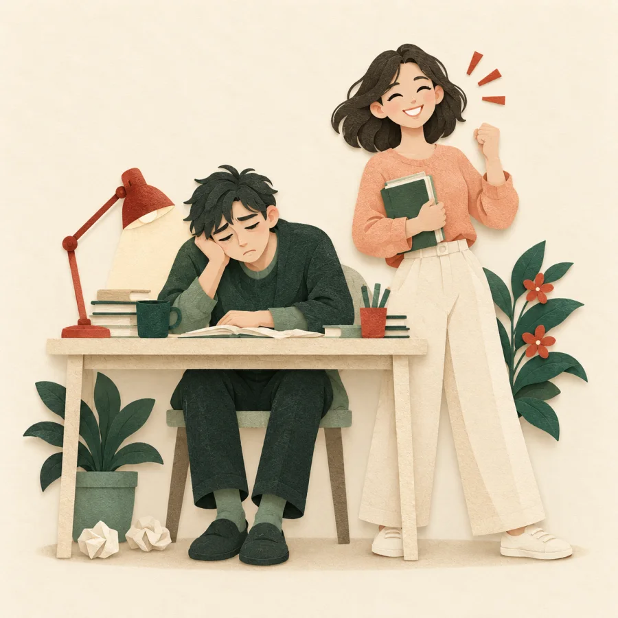 A haggard figure slumps at a desk beside a fresh-faced person