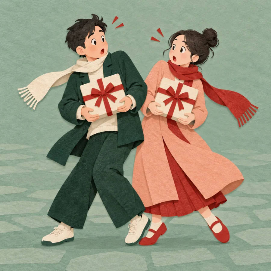 Two people bump into each other carrying matching packages