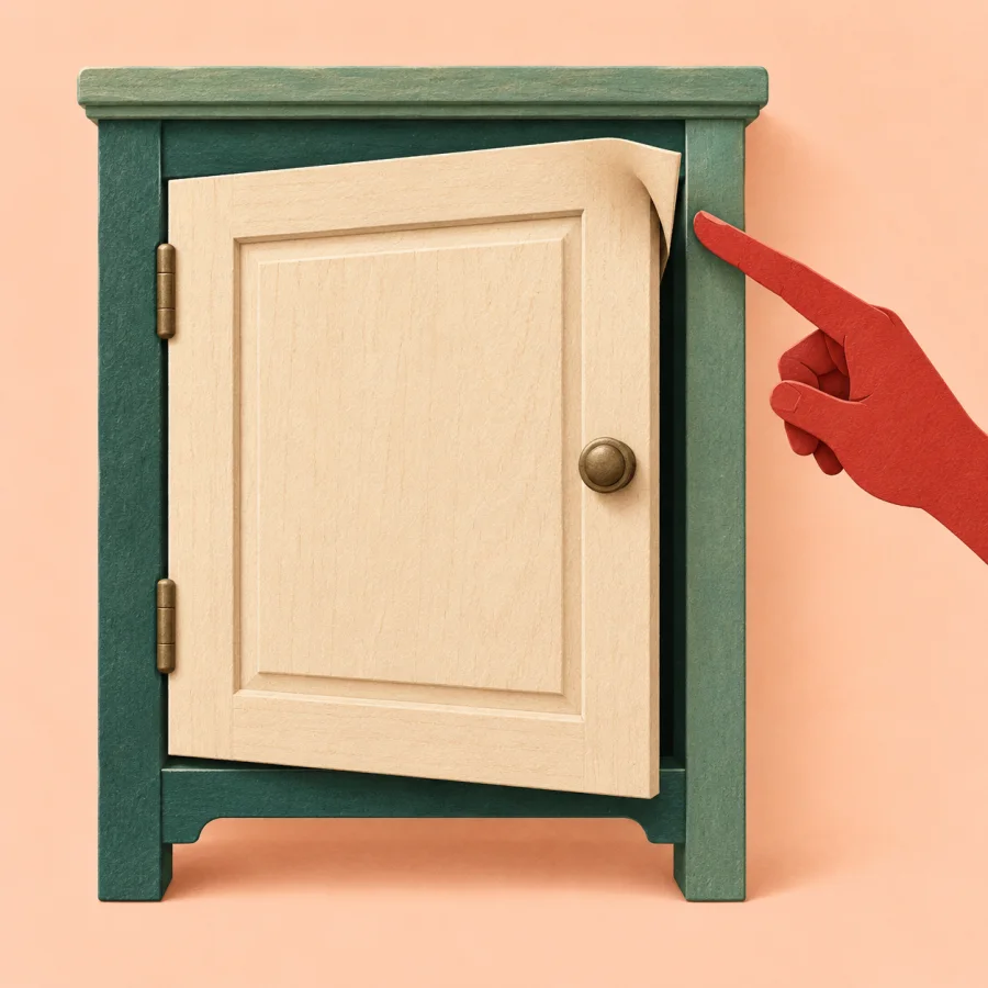 A board's edge curls upward at a cabinet door
