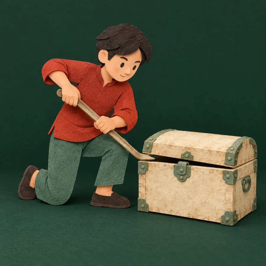 A person pries open the lid of an old chest with a lever