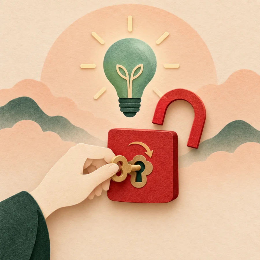 A hand turns a key opening a padlock, with a glowing bulb above