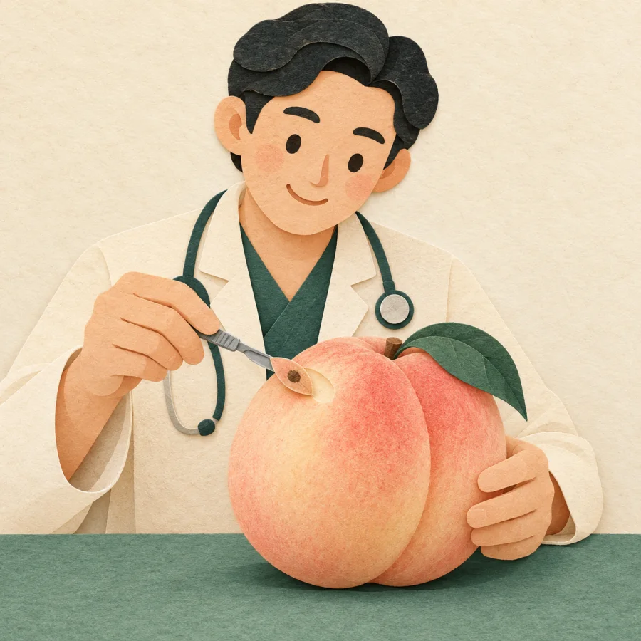 A doctor with scissors removes a small dark spot from a peach