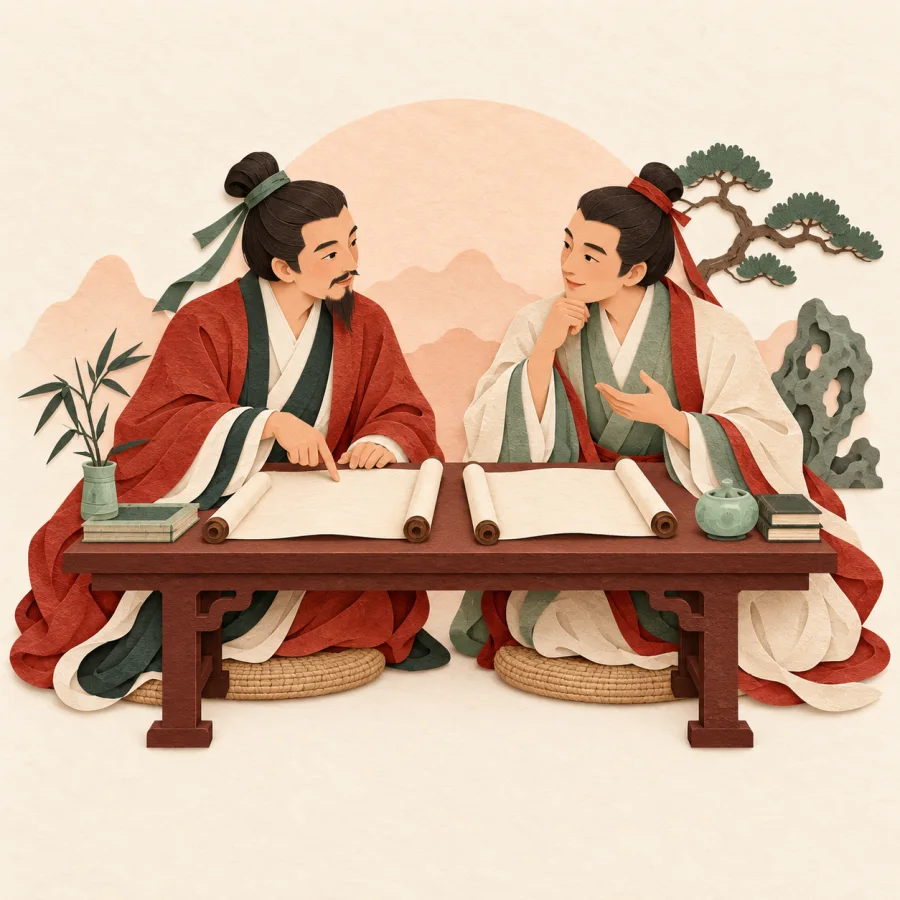 Two scholars leaning over shared scrolls at a low table