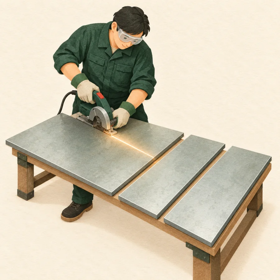 A laser beam cutting a steel sheet into pieces