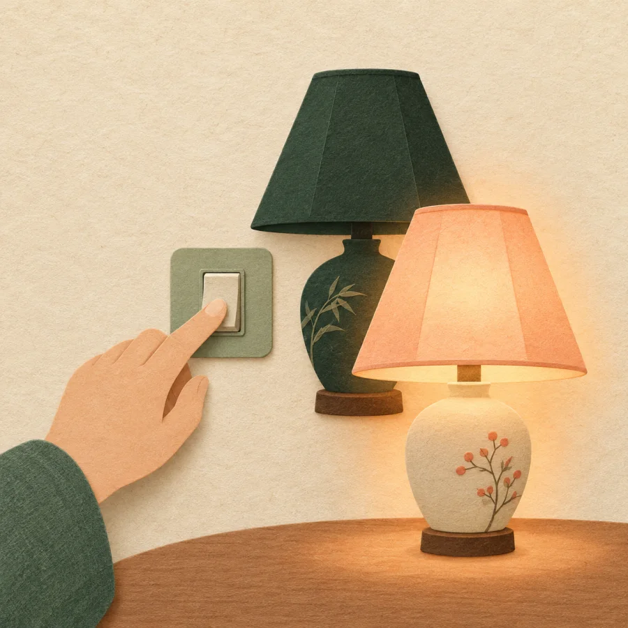 A hand flipping a switch between two lamps