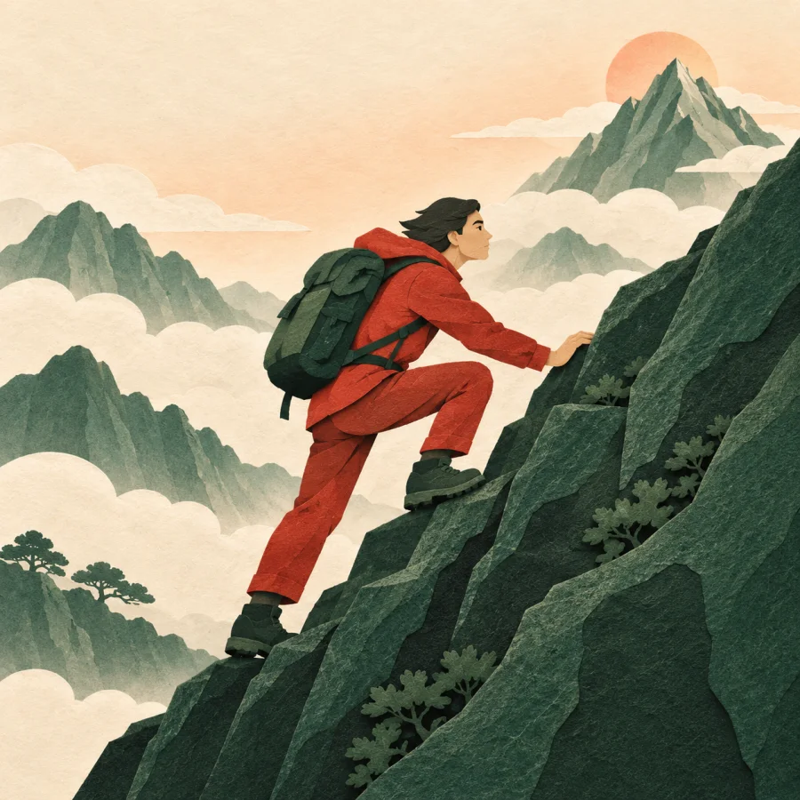 A persistent climber keeps climbing a steep green mountain slope