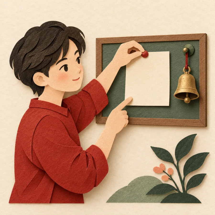 A person pinning a blank note to a corkboard