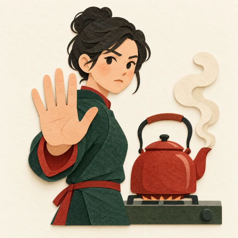A person raising a palm before a steaming kettle