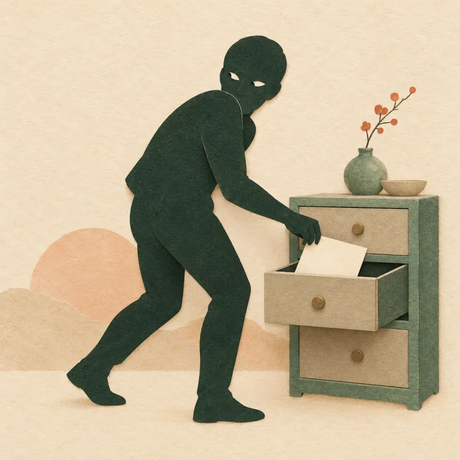 A hidden figure slipping a document out of a drawer