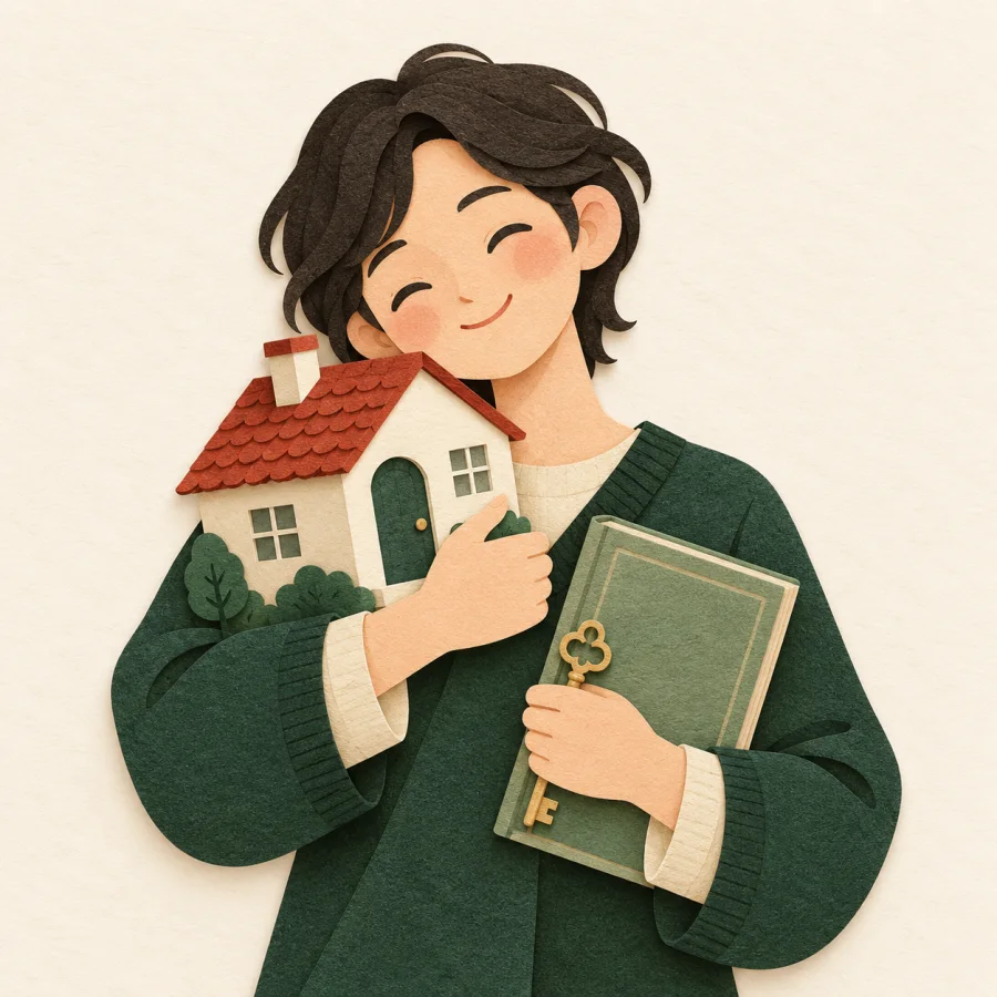 A person hugging a small house model to the chest