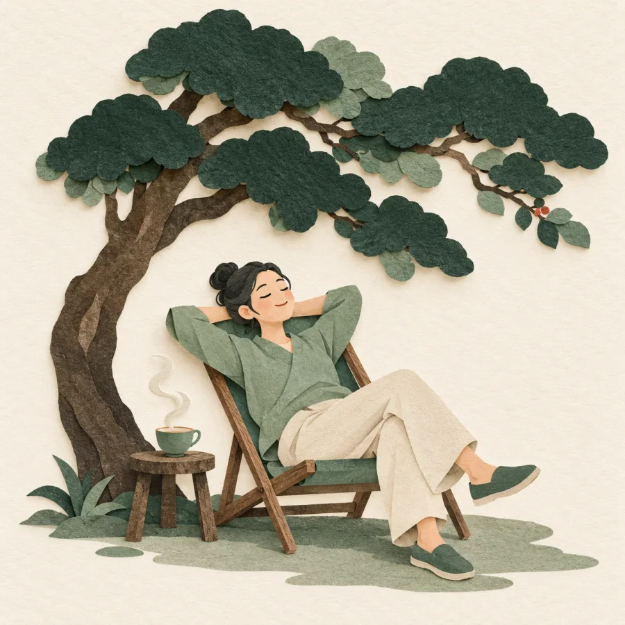 A person relaxing in a chair under a tree with tea
