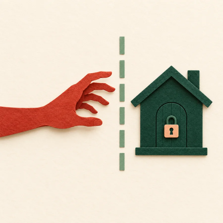 A hand reaches over a boundary toward a house and padlock