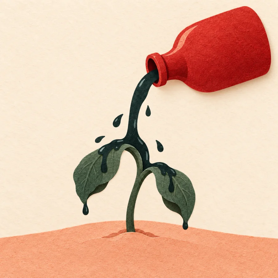 A bottle pours dark liquid over a drooping sprout