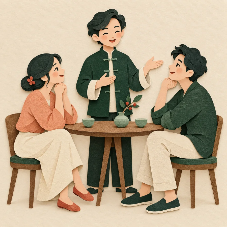 A smiling host talks with two relaxed seated listeners