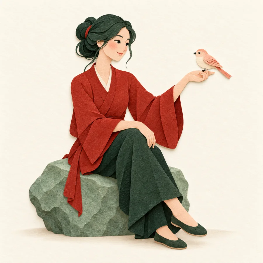 A calm woman lets a bird perch on her hand