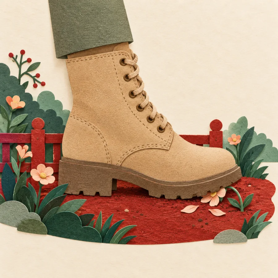 A giant boot steps over a fence, crushing a flower