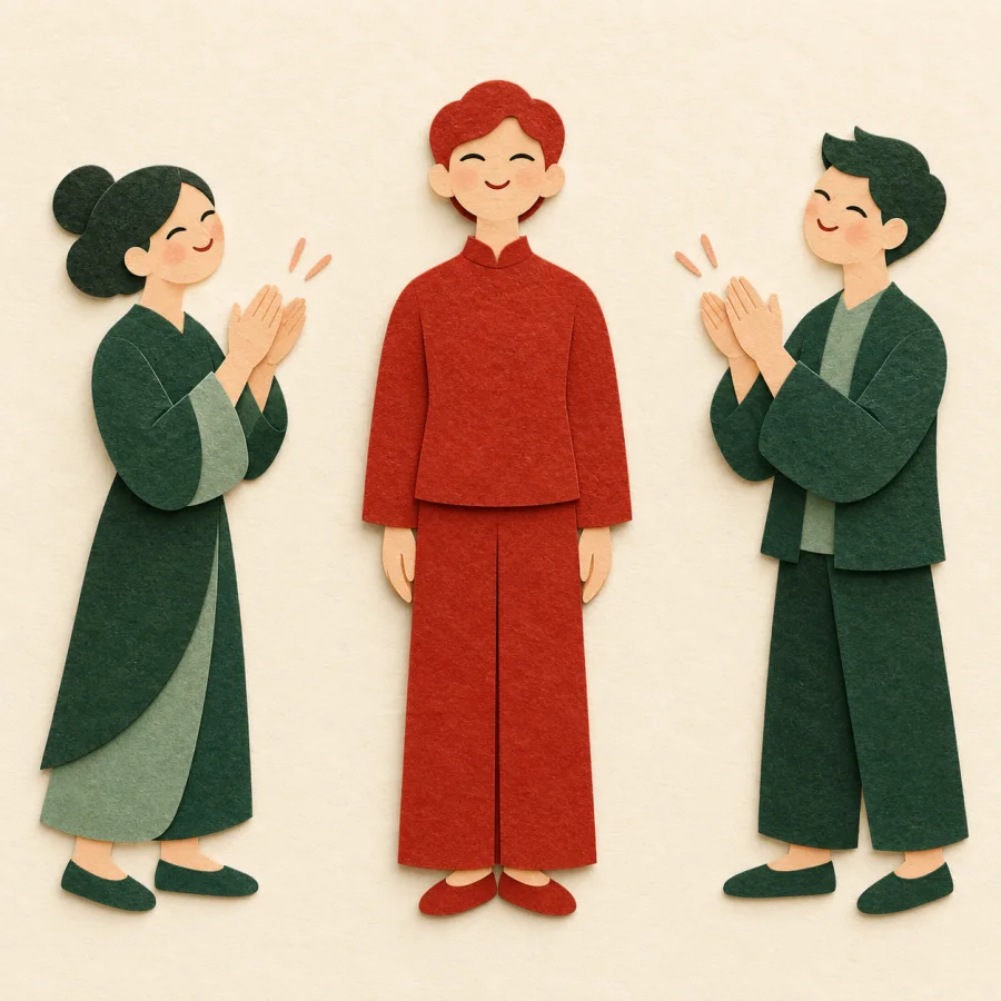 Two people clap admiringly toward a firm figure