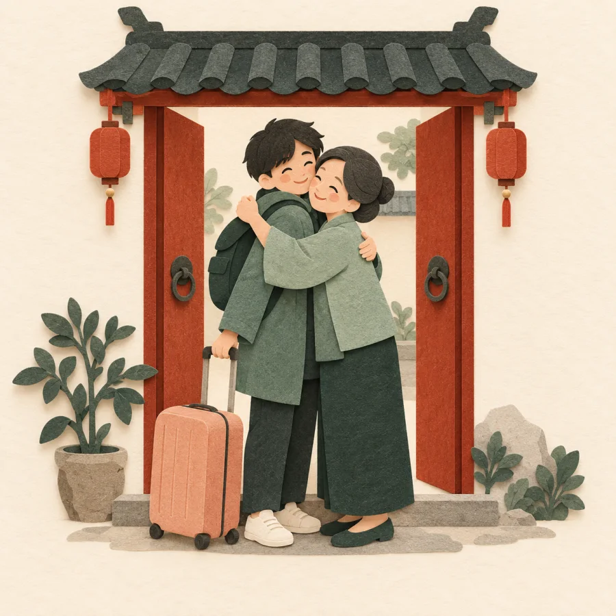 Two relatives embrace at a doorway near a suitcase