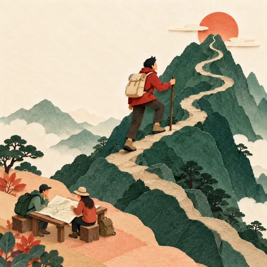 A traveler walks a mountain path while others read maps