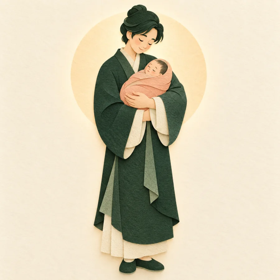 A parent gently cradles a swaddled newborn