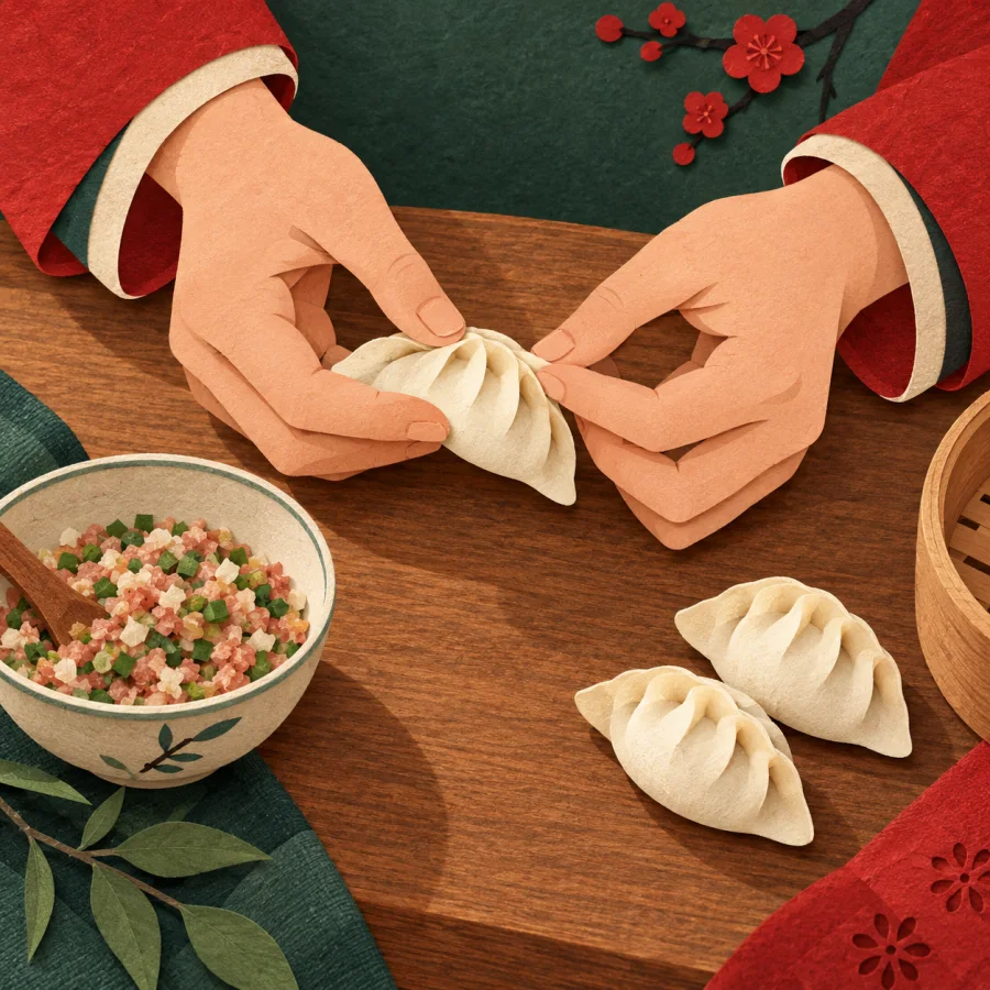 A person's hands shaping dumplings beside a small bowl