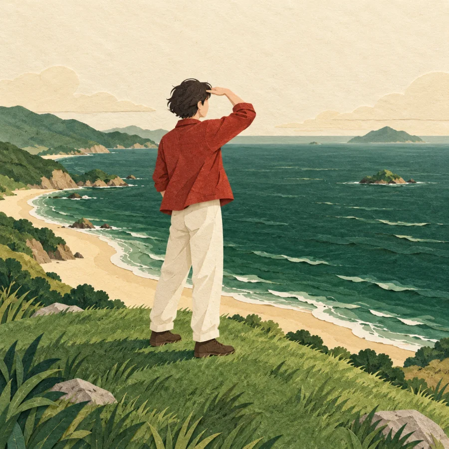 A person on a hilltop shields their eyes to look far away