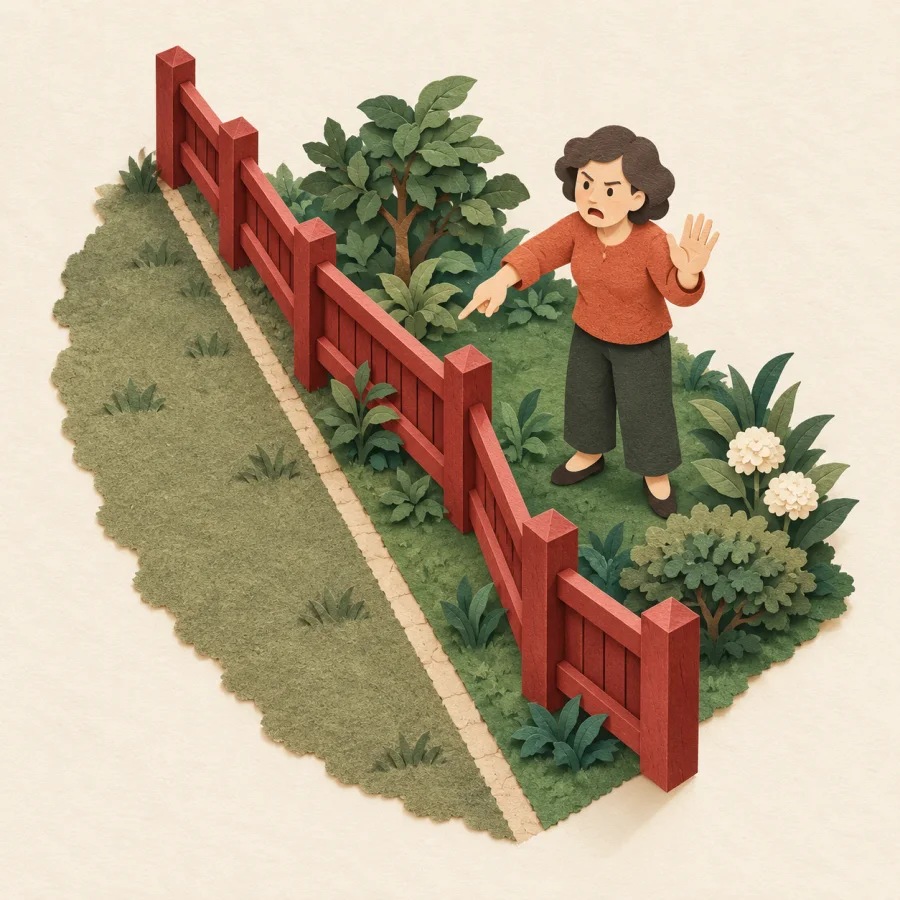 A fence cuts into a neighbor's garden beyond the boundary line