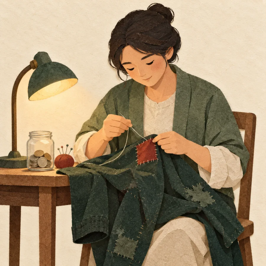 A person mends clothes under a lamp beside a coin jar