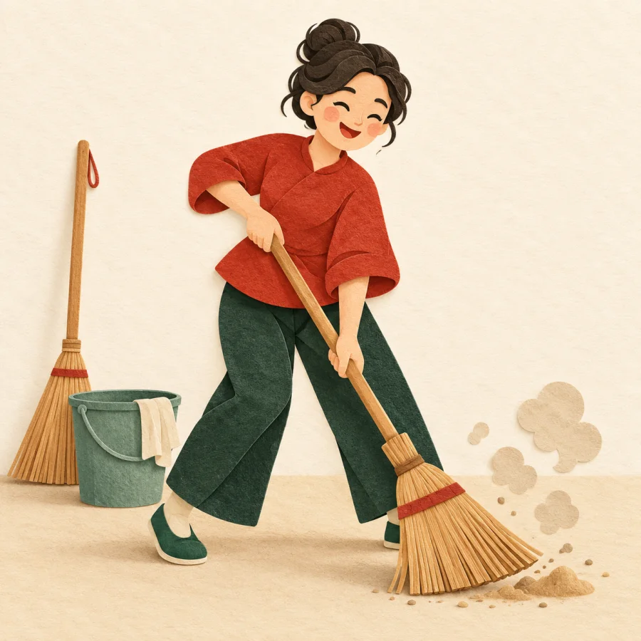 A cheerful person sweeps the floor beside a bucket