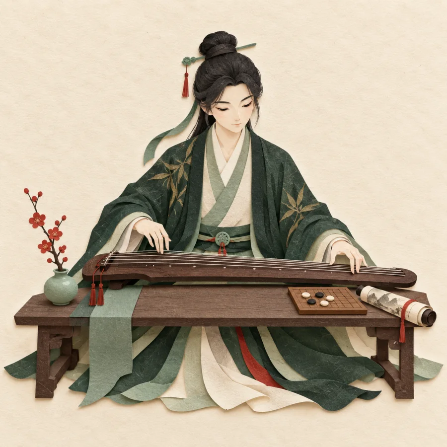 A scholar plays a guqin with a chessboard and scroll nearby