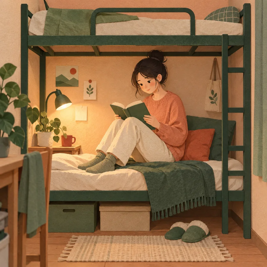A student reads on a bunk bed in a small dorm room