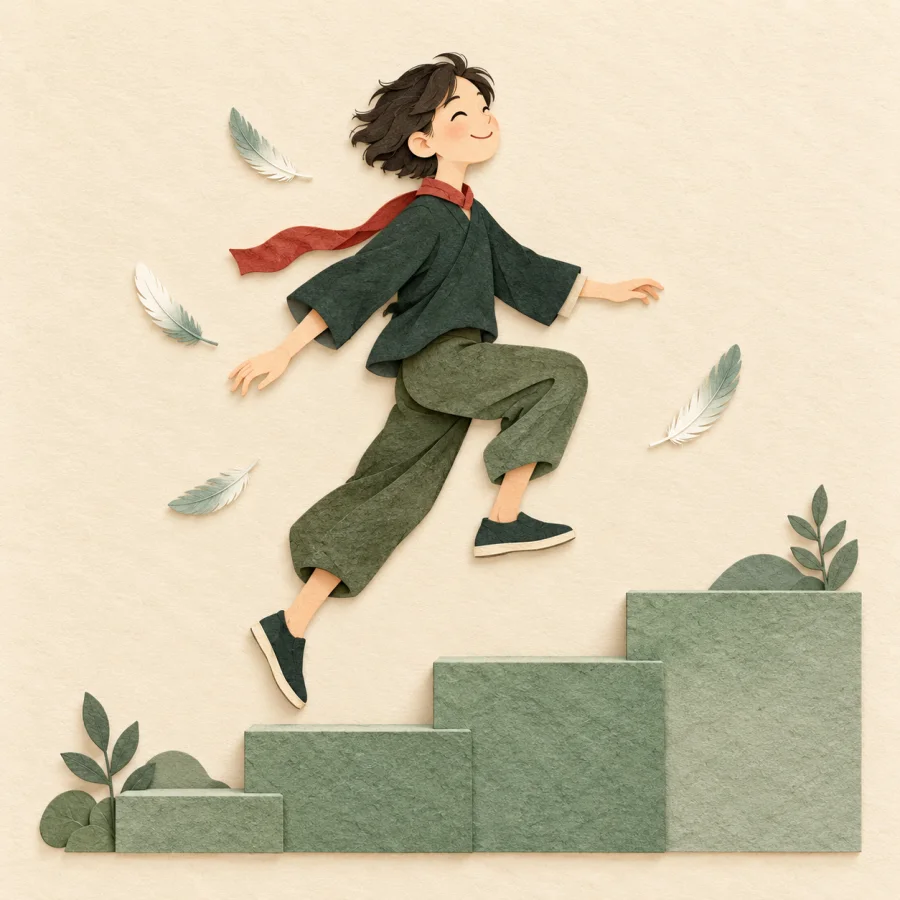 A person hops up a staircase with ease