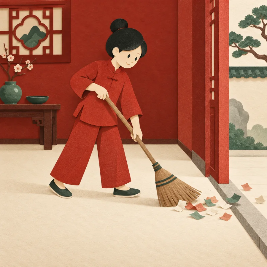A figure sweeps scattered papers off the floor