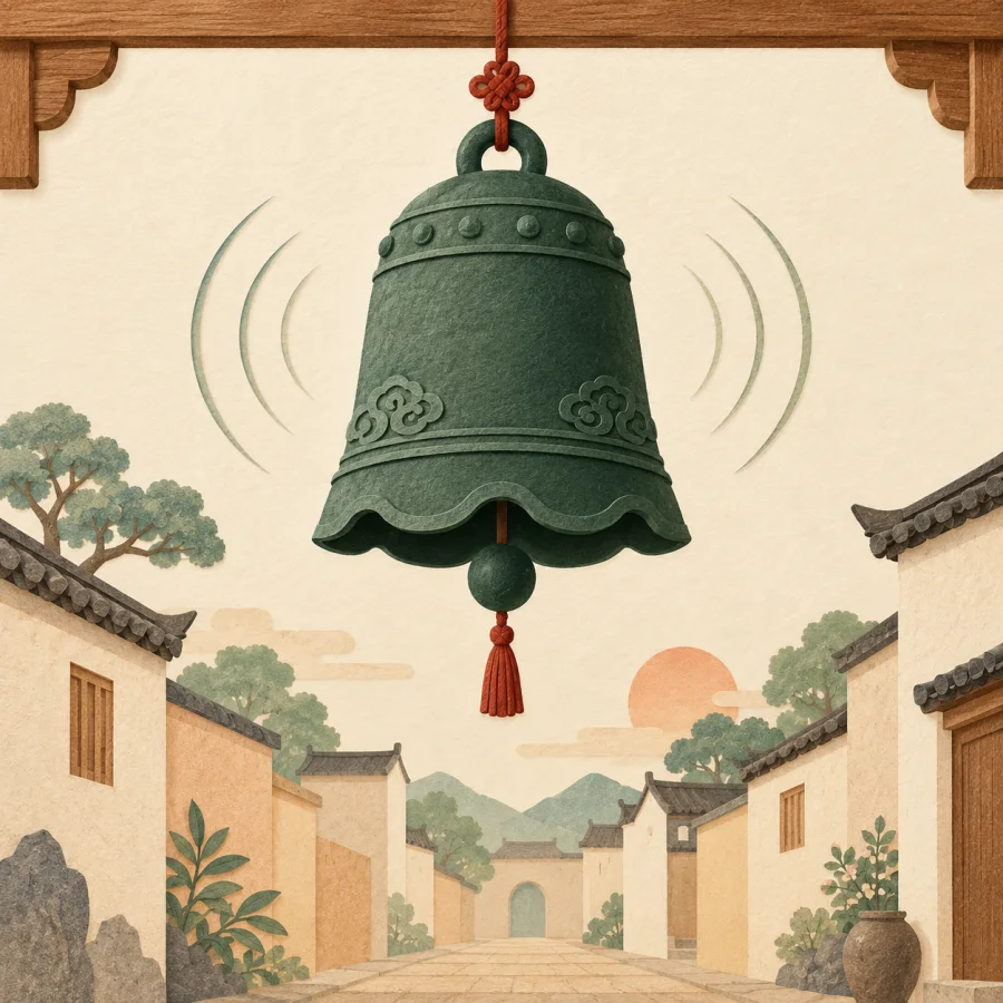 A ringing bell on a wooden beam
