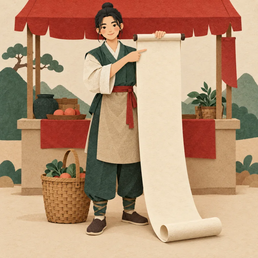 A shopper reads a long scroll list at a market stall