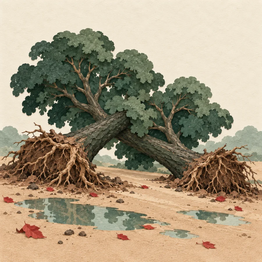Fallen trees lie by the roadside with exposed roots