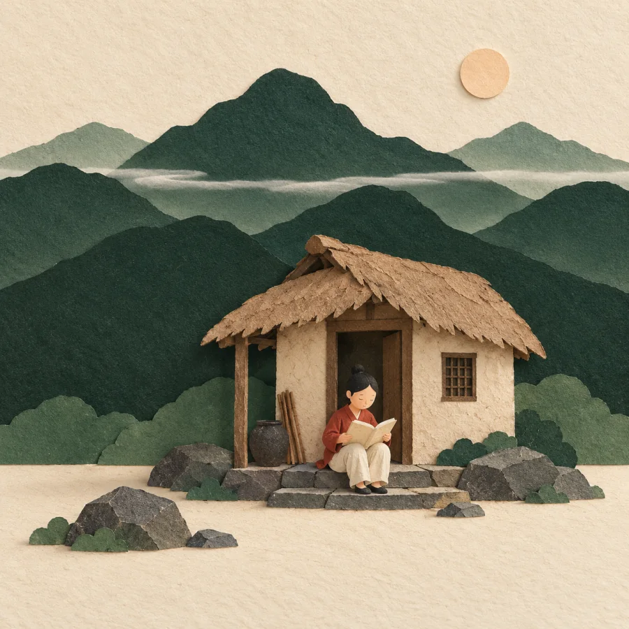 A person reads beside a hut at the foot of a mountain