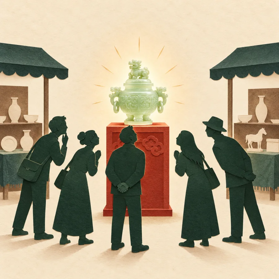A crowd turns toward one glowing item on a pedestal